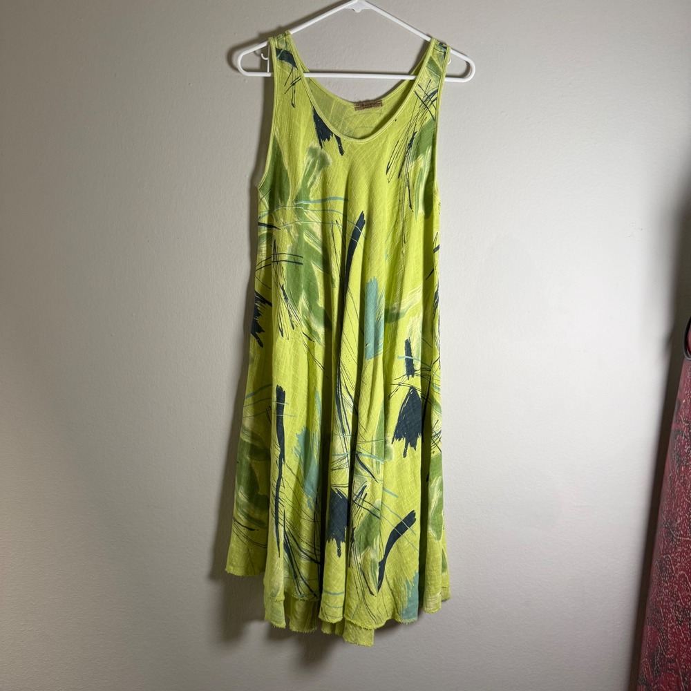 Beyond Capri Made in Italy Linen Sleeveless Abstract Print Dress Lime Green OS